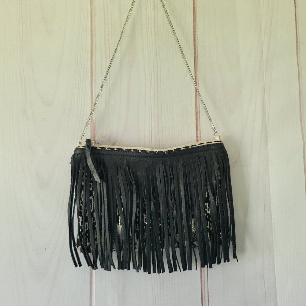 Chico’s Leather Fringe Shoulder Bag, Black/White Boho Purse Silver Chain. ECU
